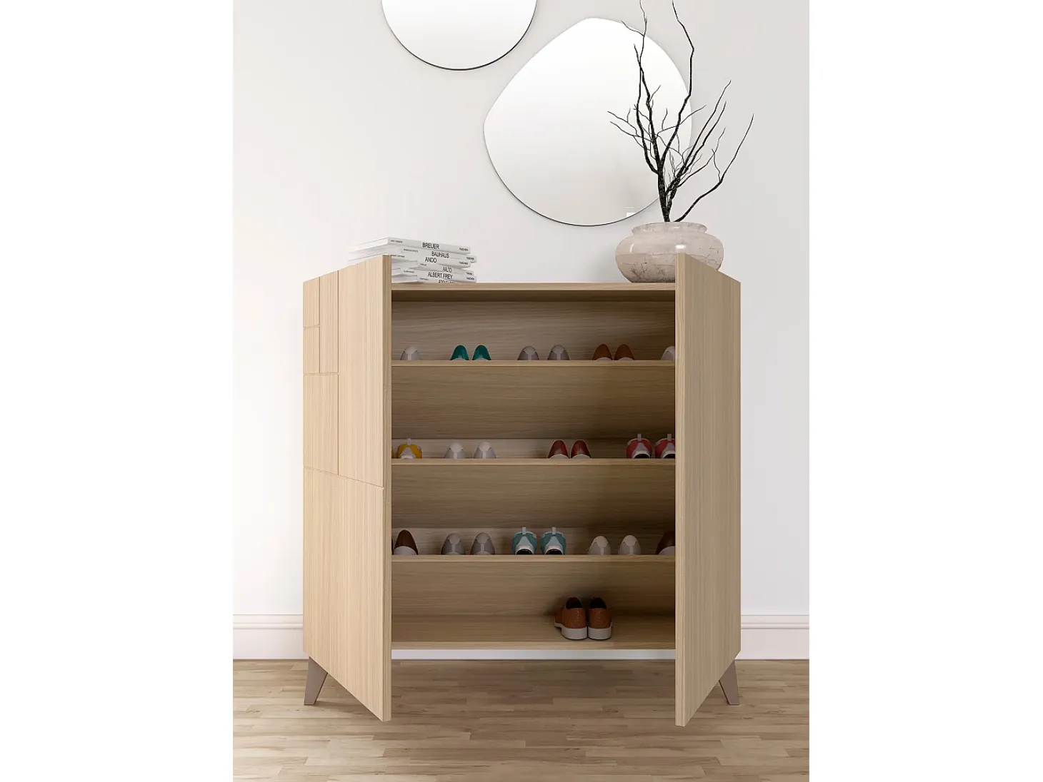 Mueble zapatero almacenaje - A87cm x L90cm x F27cm nogal claro patas moka - Bergen