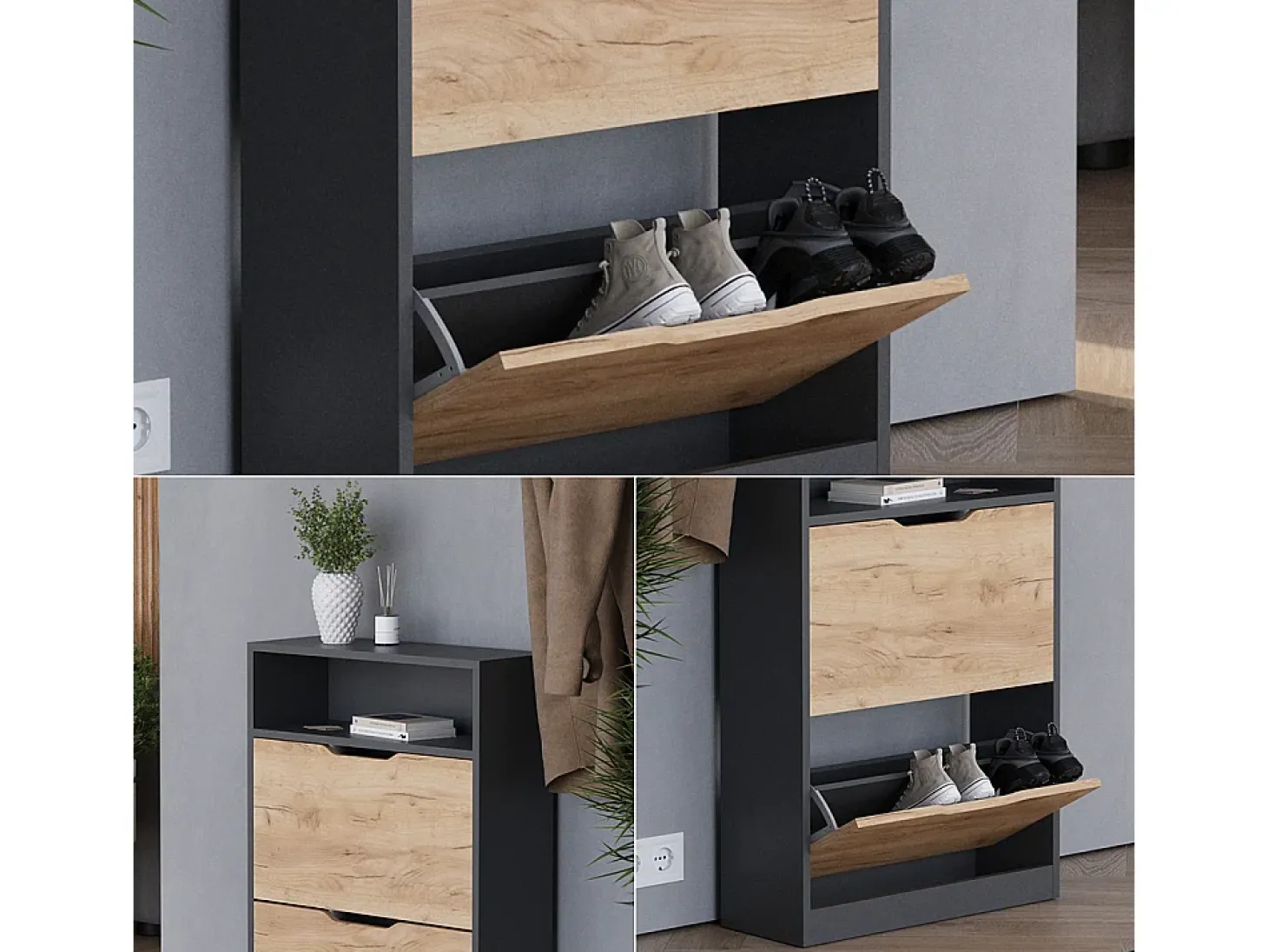 Mueble zapatero antracita/roble dorado 59x22x89.5 luca