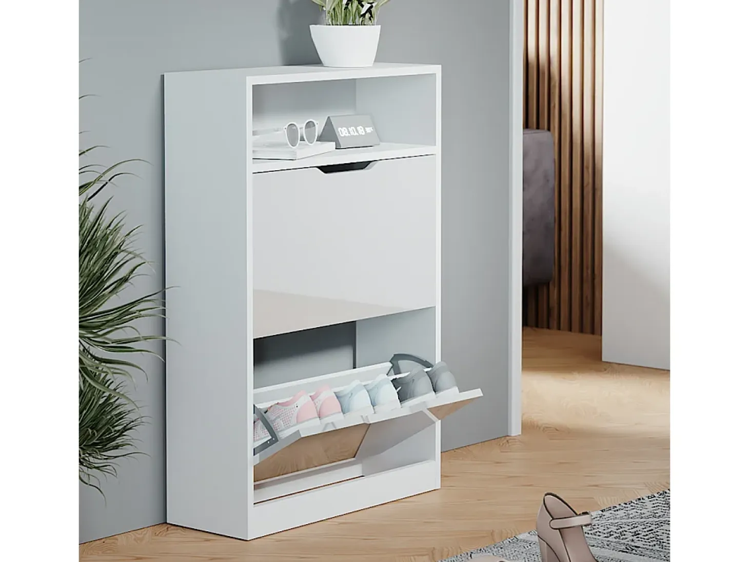 Mueble zapatero blanco/blanco alto brillo 59x22x89.5 luca