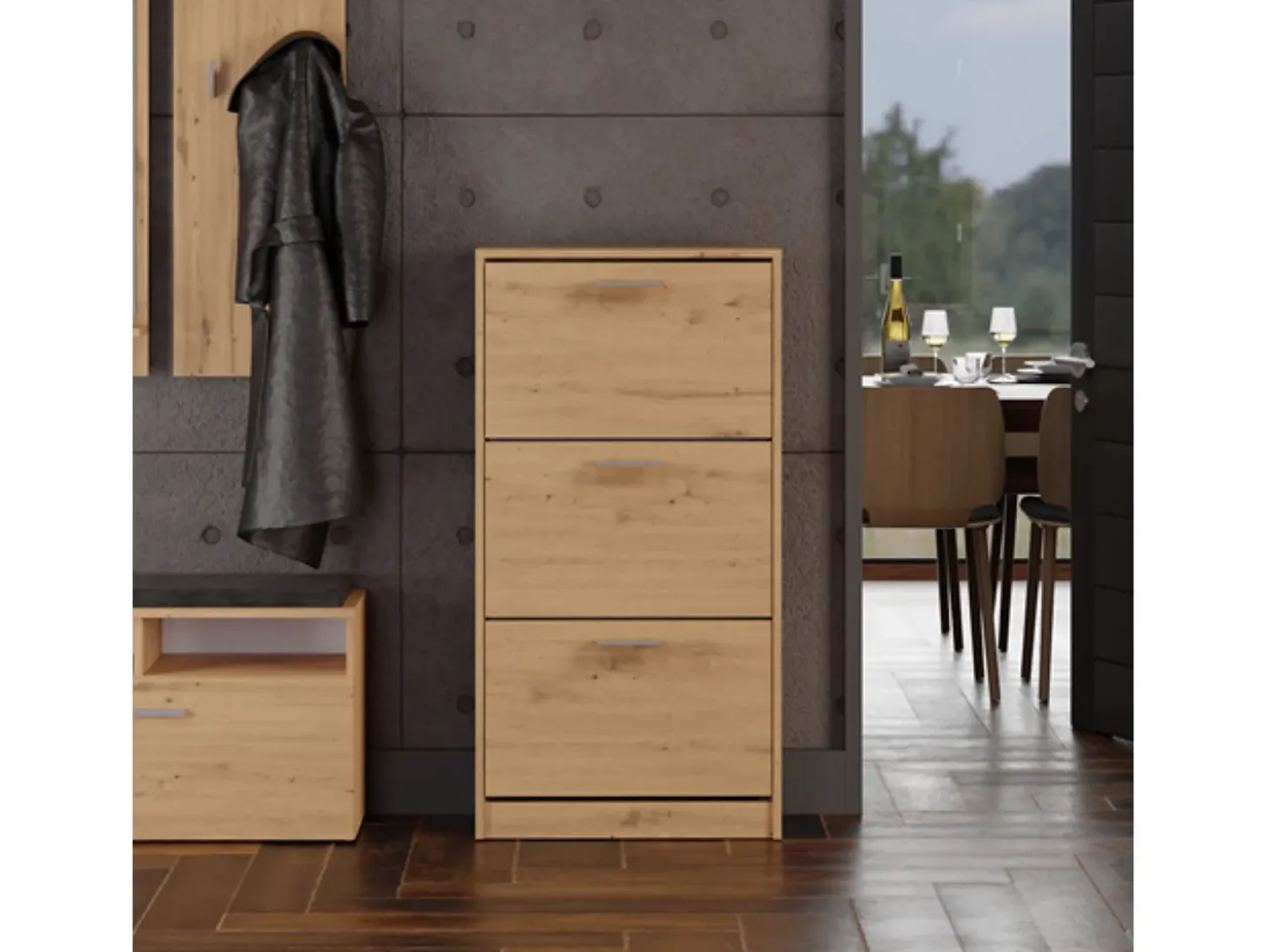 Mueble Zapatero Color Roble Artesano 116x60x28 cm – 3 Puertas Abatibles – Ideal para Entrada o Dormitorio