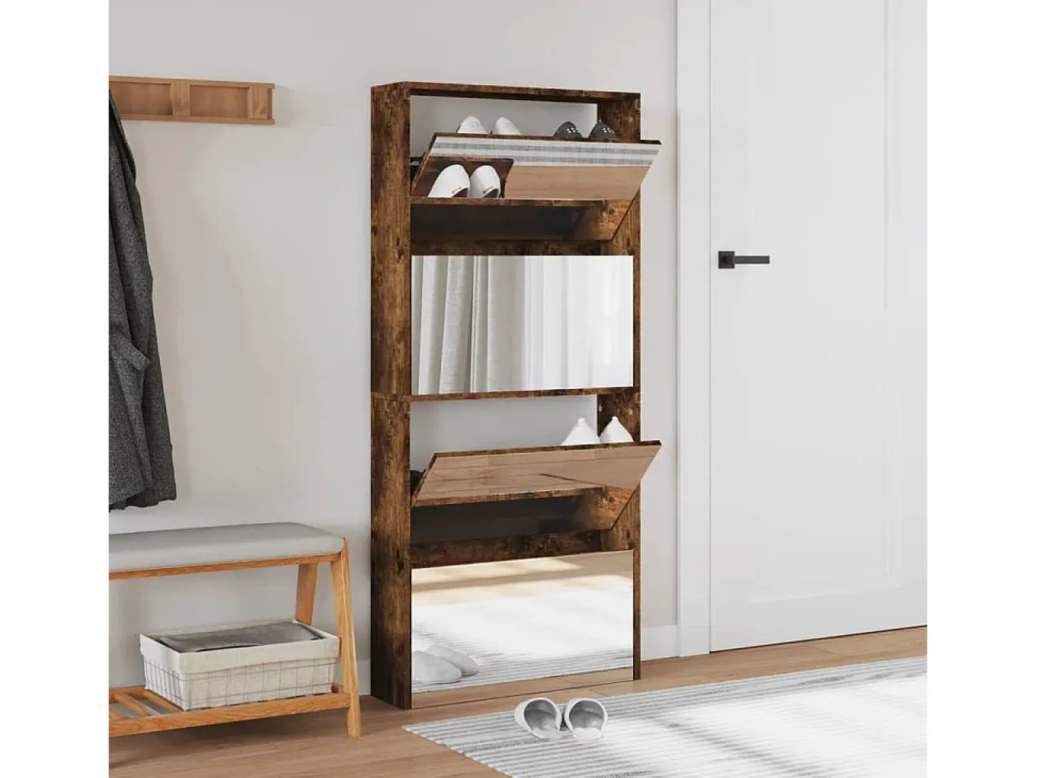 Mueble zapatero con espejo 4 niveles roble ahumado 63x17x134 cm ES325011