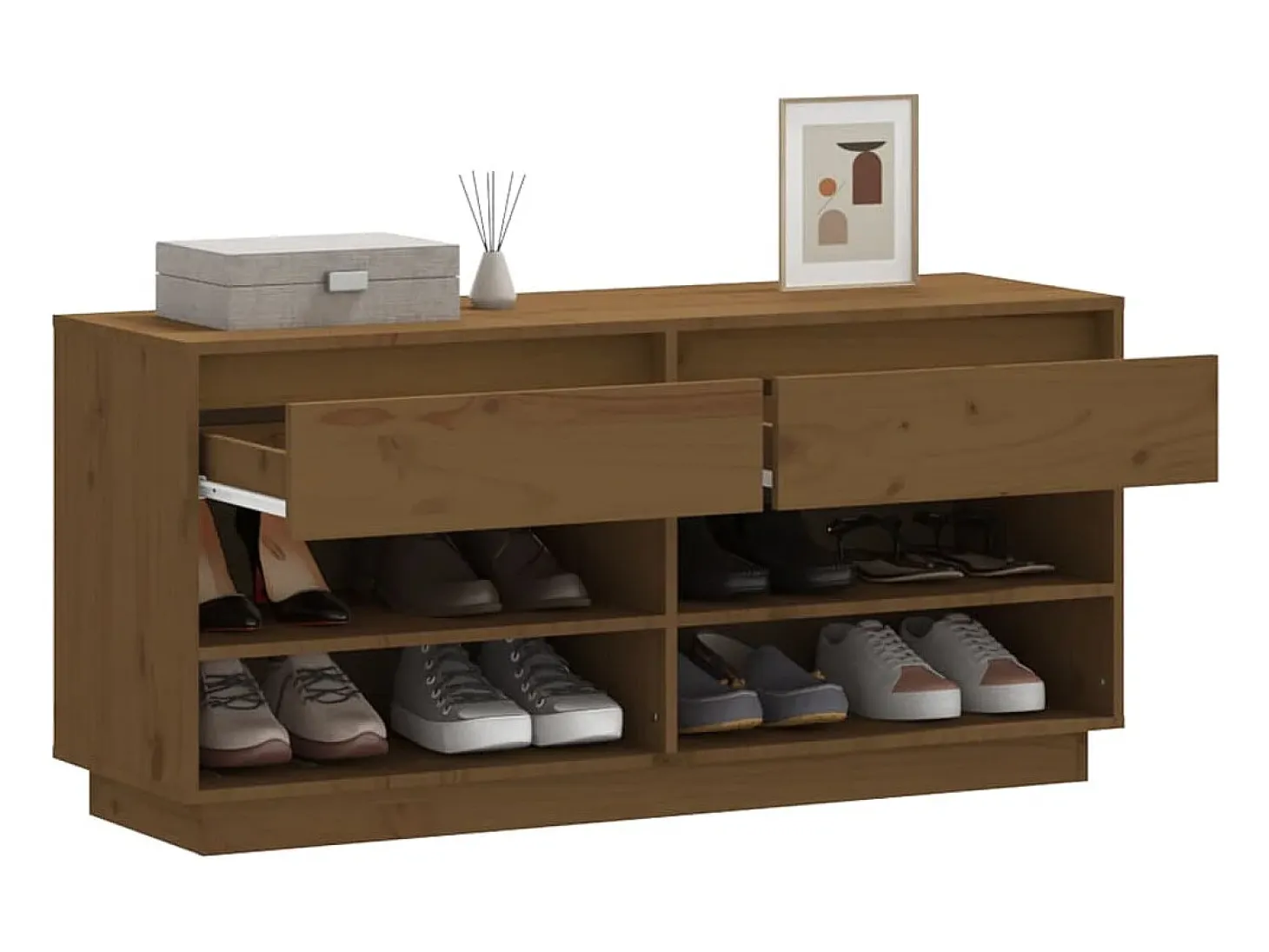Mueble zapatero de madera maciza pino marrón miel 110x34x52 cm ES534822