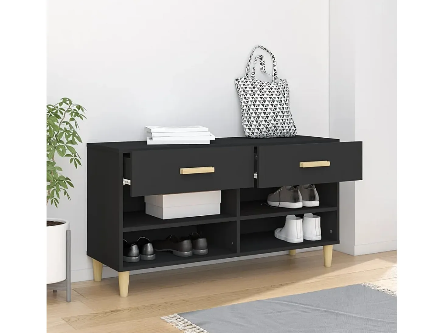 Mueble zapatero de madera contrachapada negro 102x35x55 cm ES360913