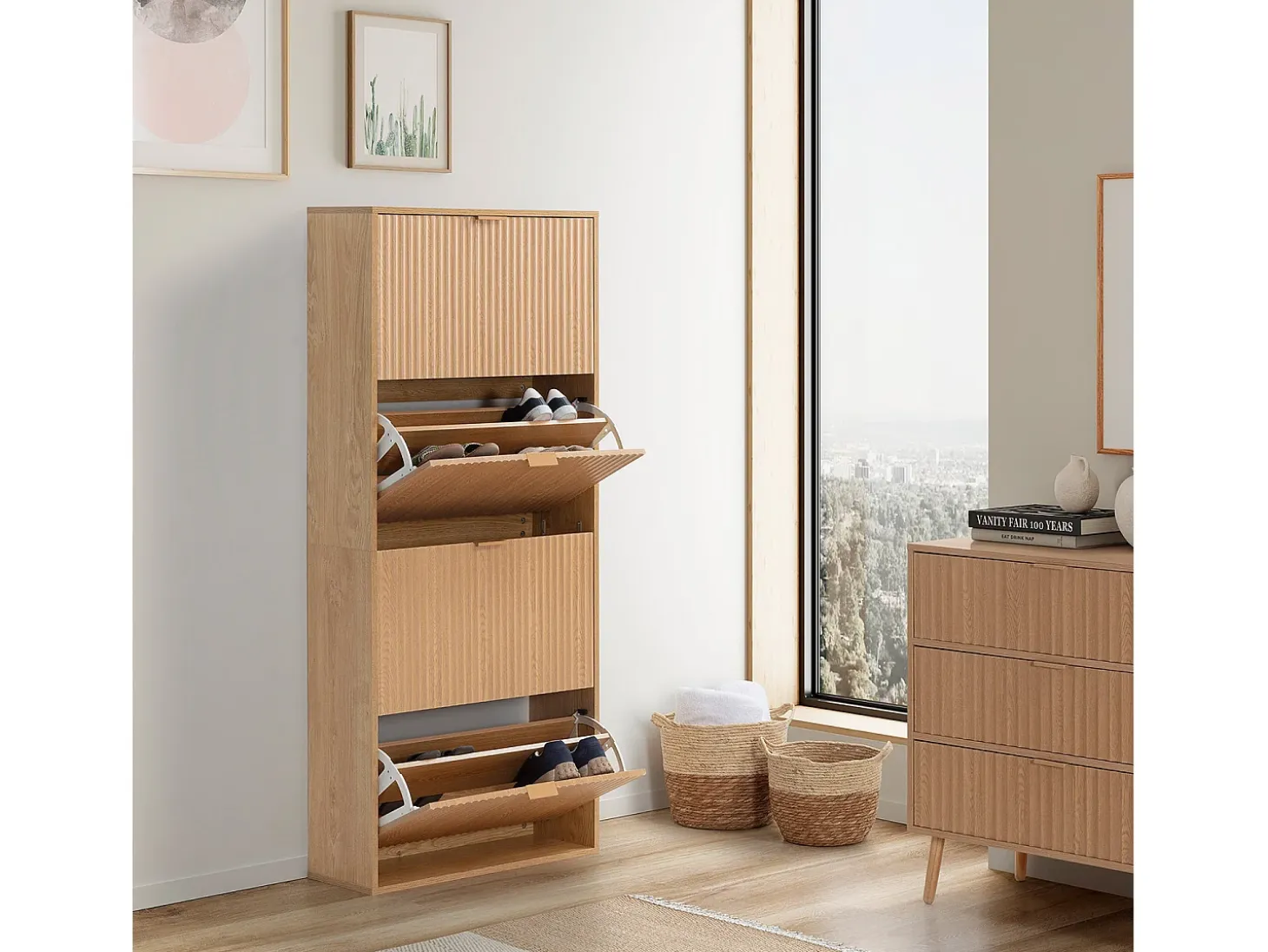 Mueble Zapatero Lluvia 4 Puertas Color Roble, para 24 Pares
