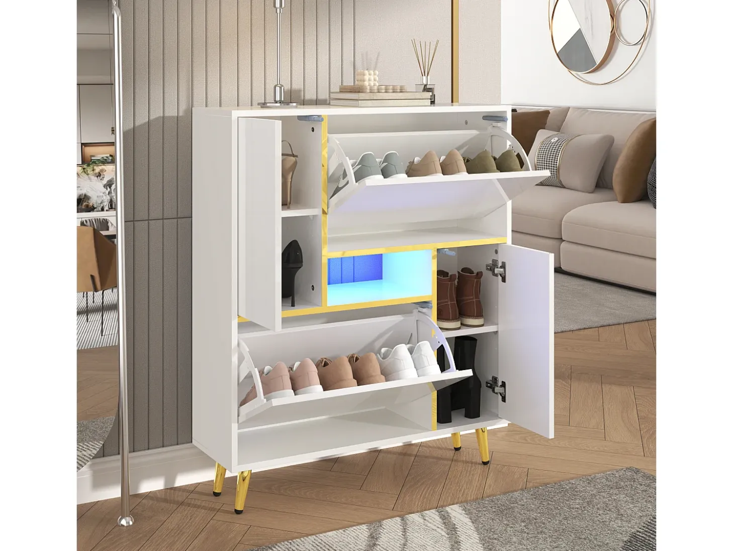Mueble zapatero moderno con LED - Blanco Brillante - Elegante y Práctico