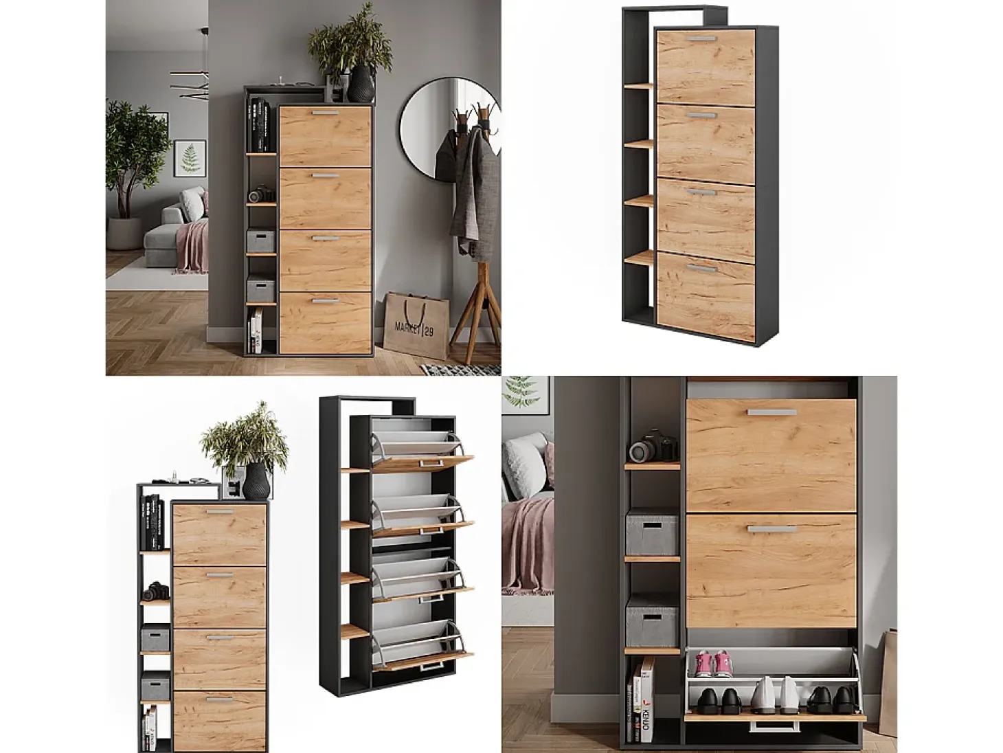 Mueble zapatero oro power roble/antracita 80x24.2x166.1 orlando
