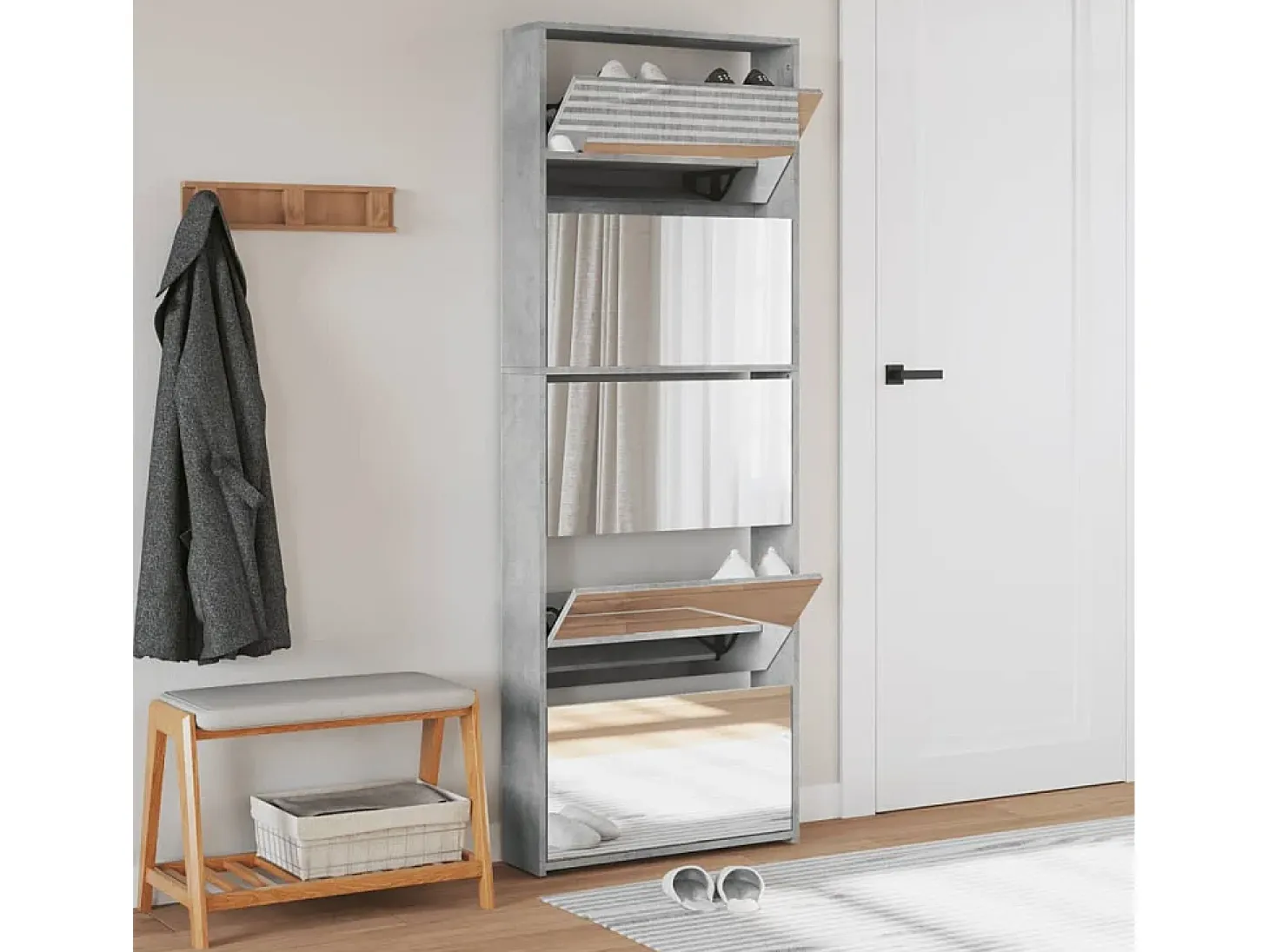 Mueble zapatero y espejo 5 niveles gris hormigón 63x17x169,5 cm ES309503