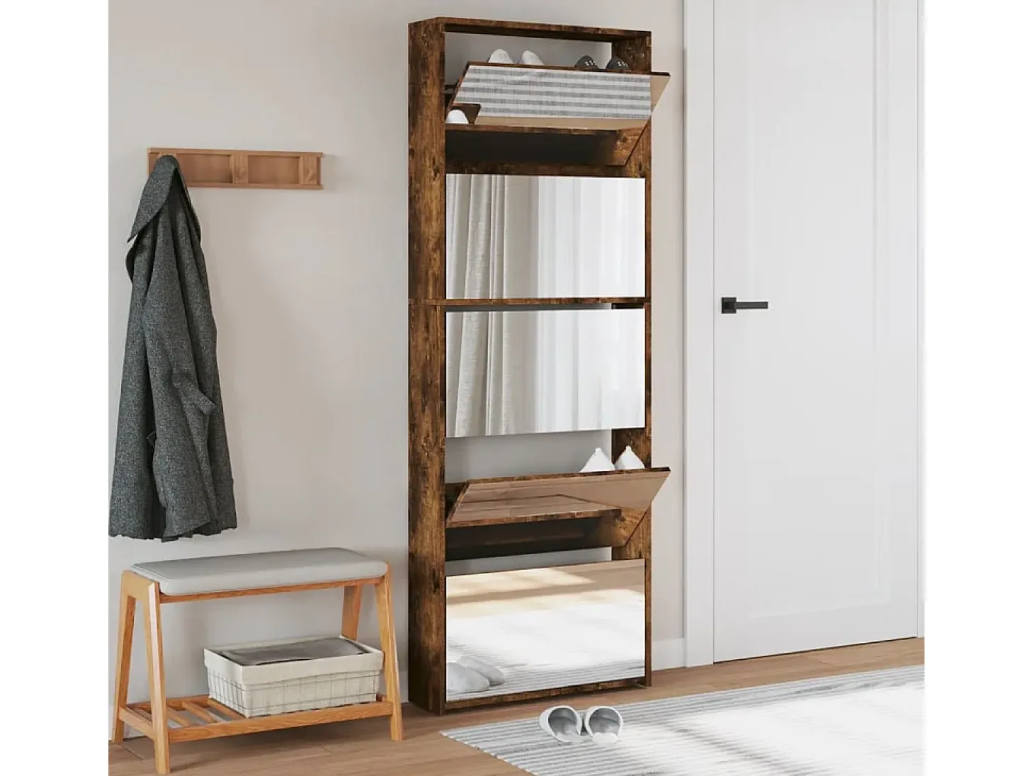 Mueble zapatero y espejo 5 niveles roble ahumado 63x17x169,5 cm ES796516