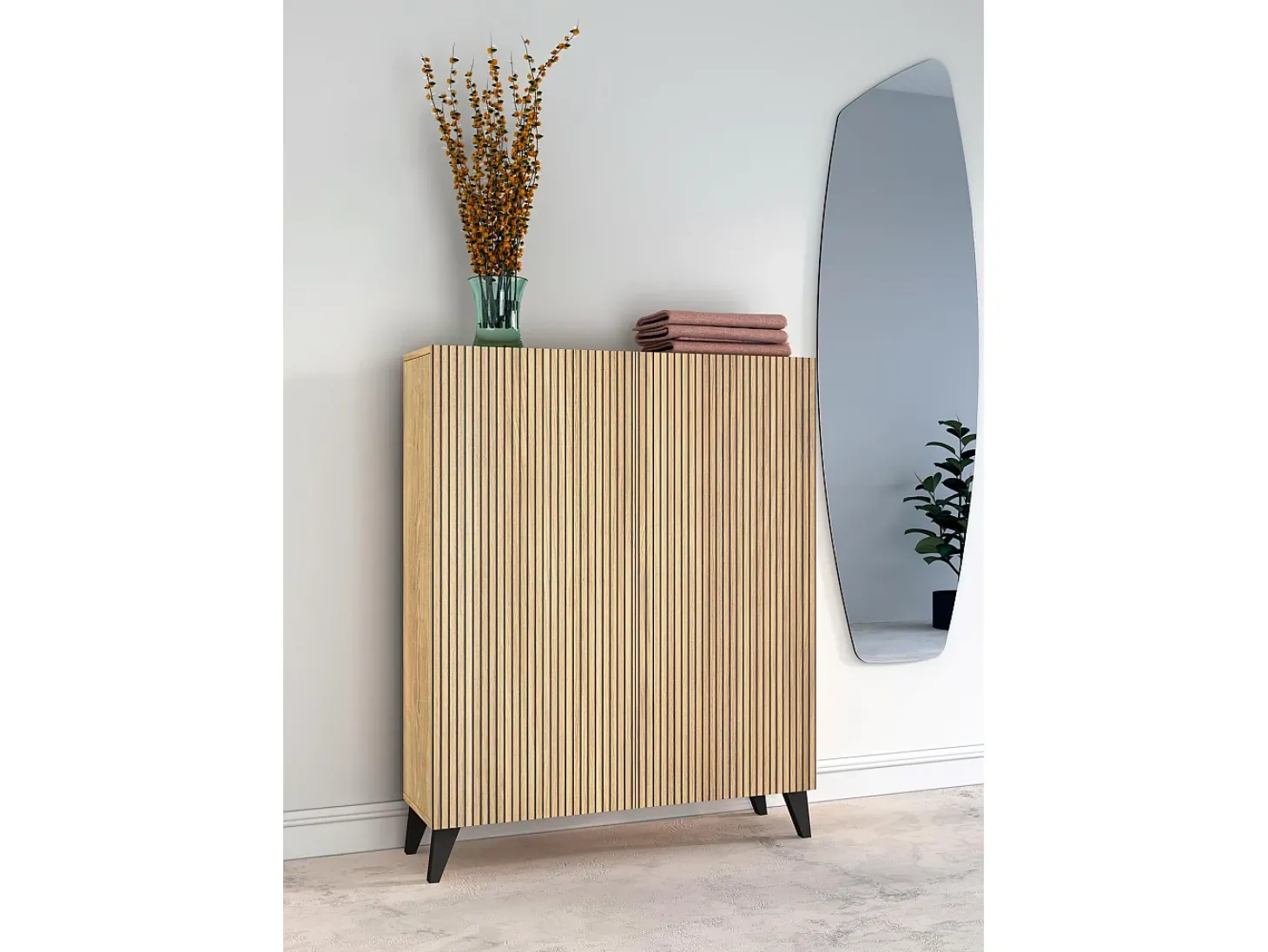 Mueble zapatero/armario - A109cm x L90cm x P27cm roble dorado puertas impresión vallado patas negro - Narvik