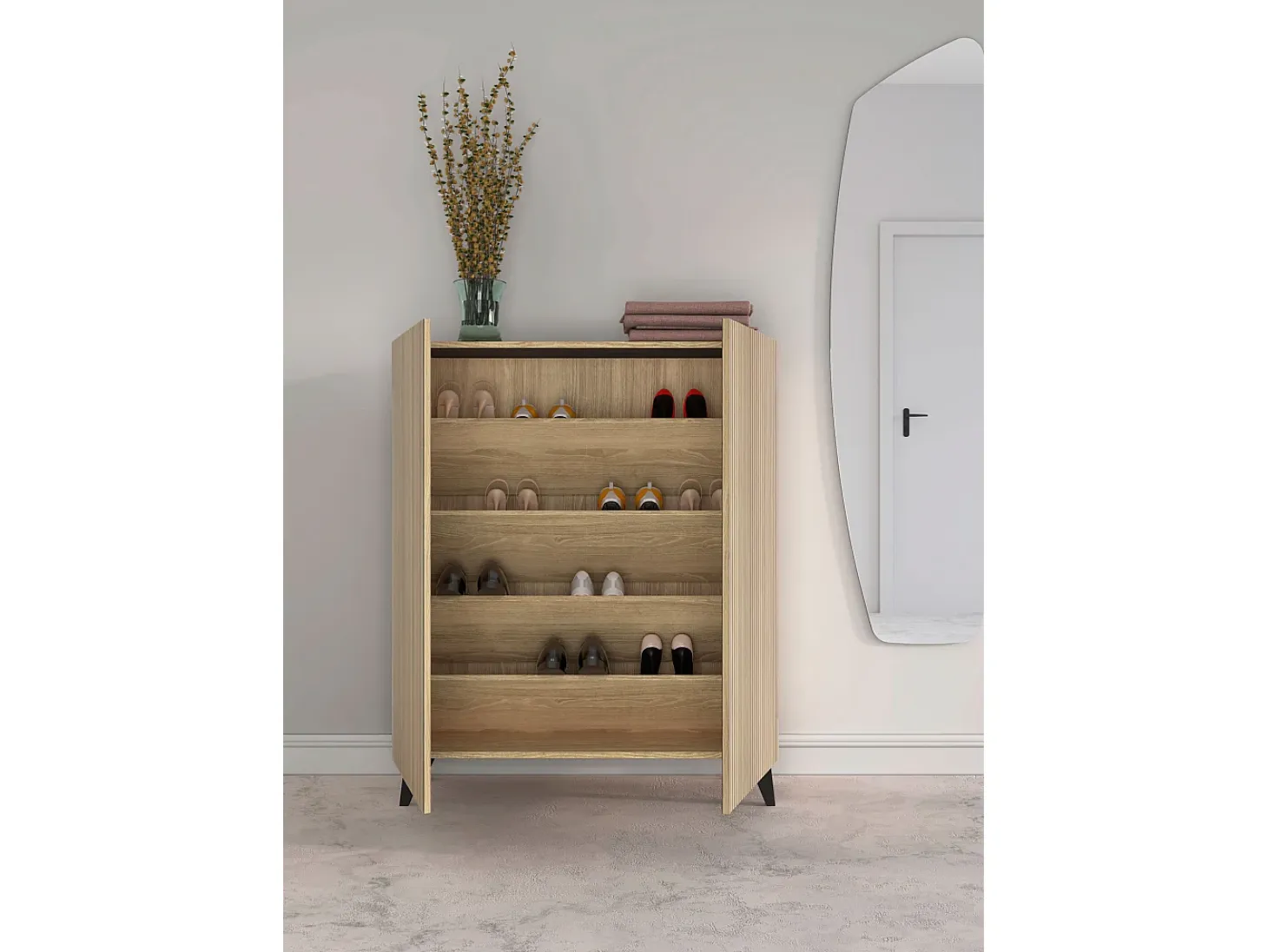 Mueble zapatero/armario - A109cm x L90cm x P27cm roble dorado puertas impresión vallado patas negro - Narvik
