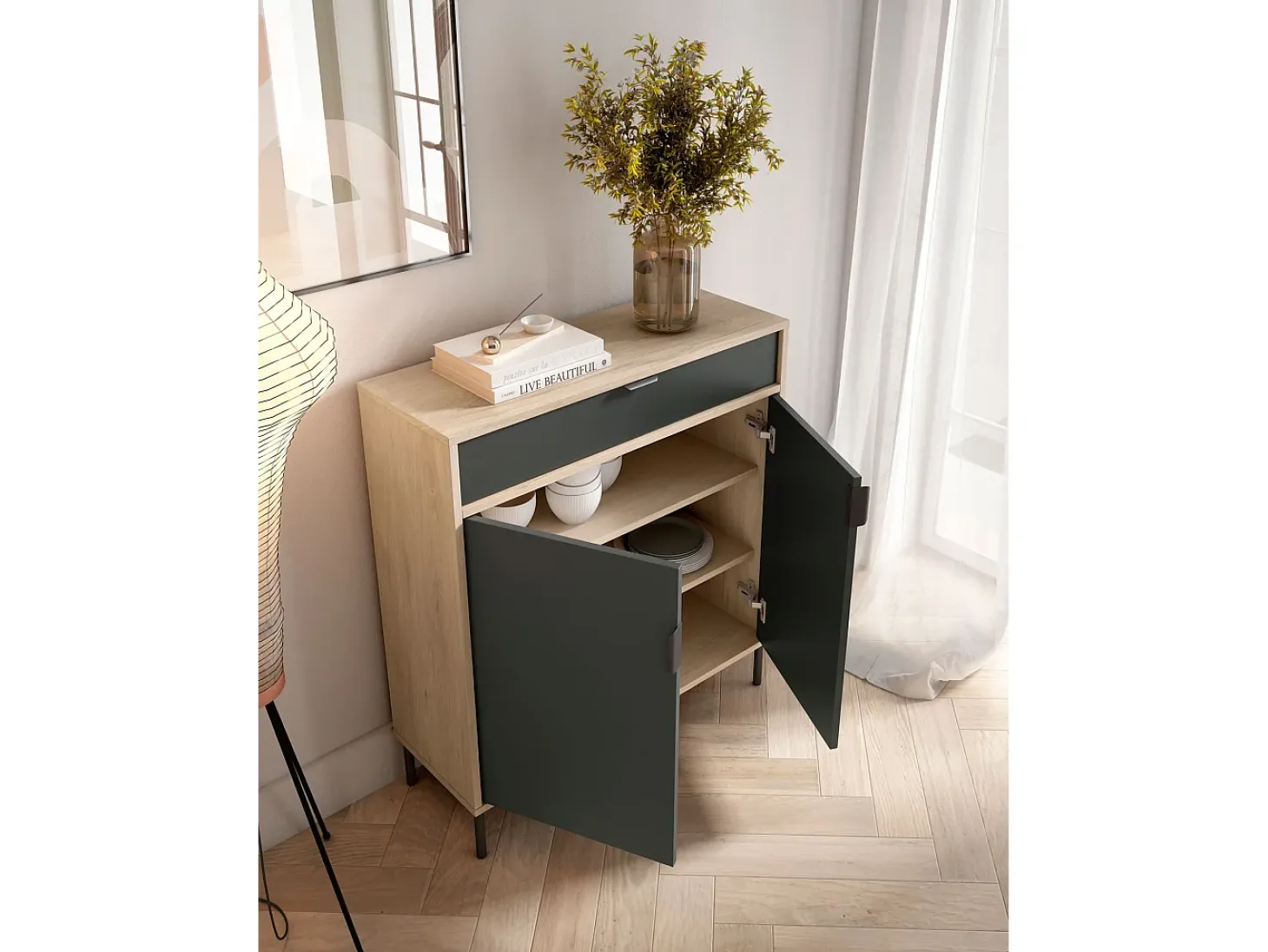 Mueble zapatero/armario - A89cm x L90cm x P29cm roble claro puertas gris grafito - Alice
