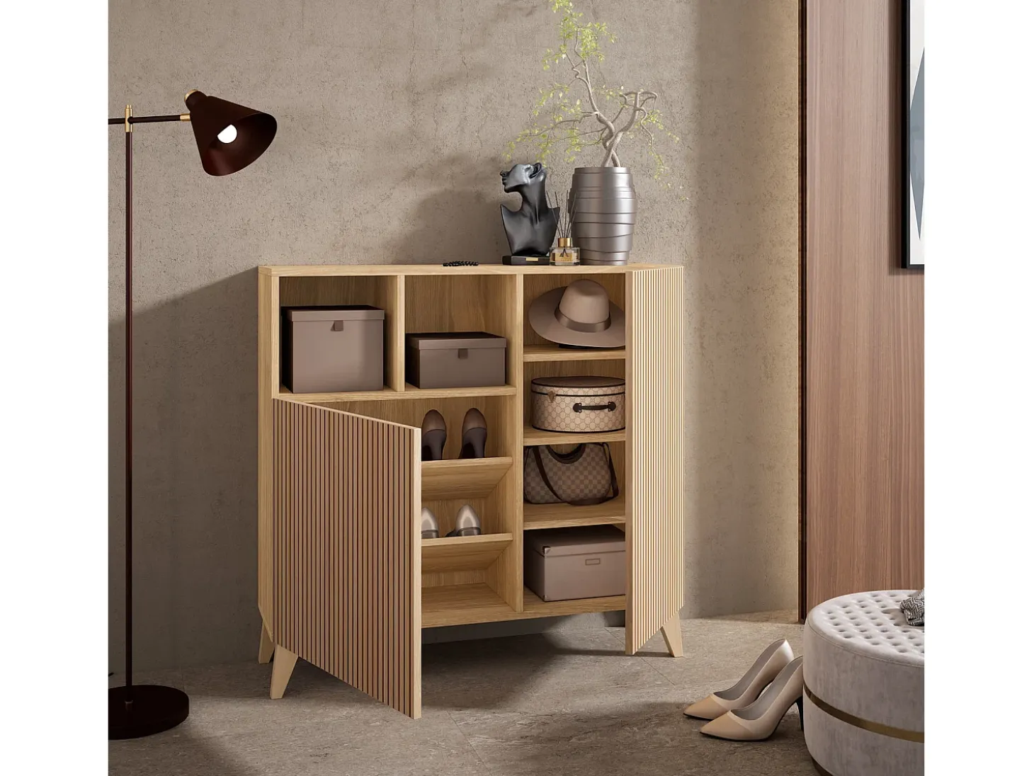 Mueble zapatero/armario - A87cm x L90cm x P27cm roble dorado puertas impresión vallado - Moss
