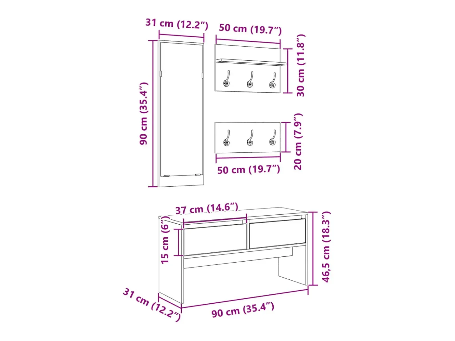 Muebles de recibidor 4 piezas madera de ingeniería marrón roble