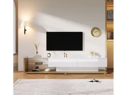 Muebles de TV con 2 cajones y estantes de vidrio - 170 x 36 x 38 cm - LED - Tablero de partículas - Blanco + natural