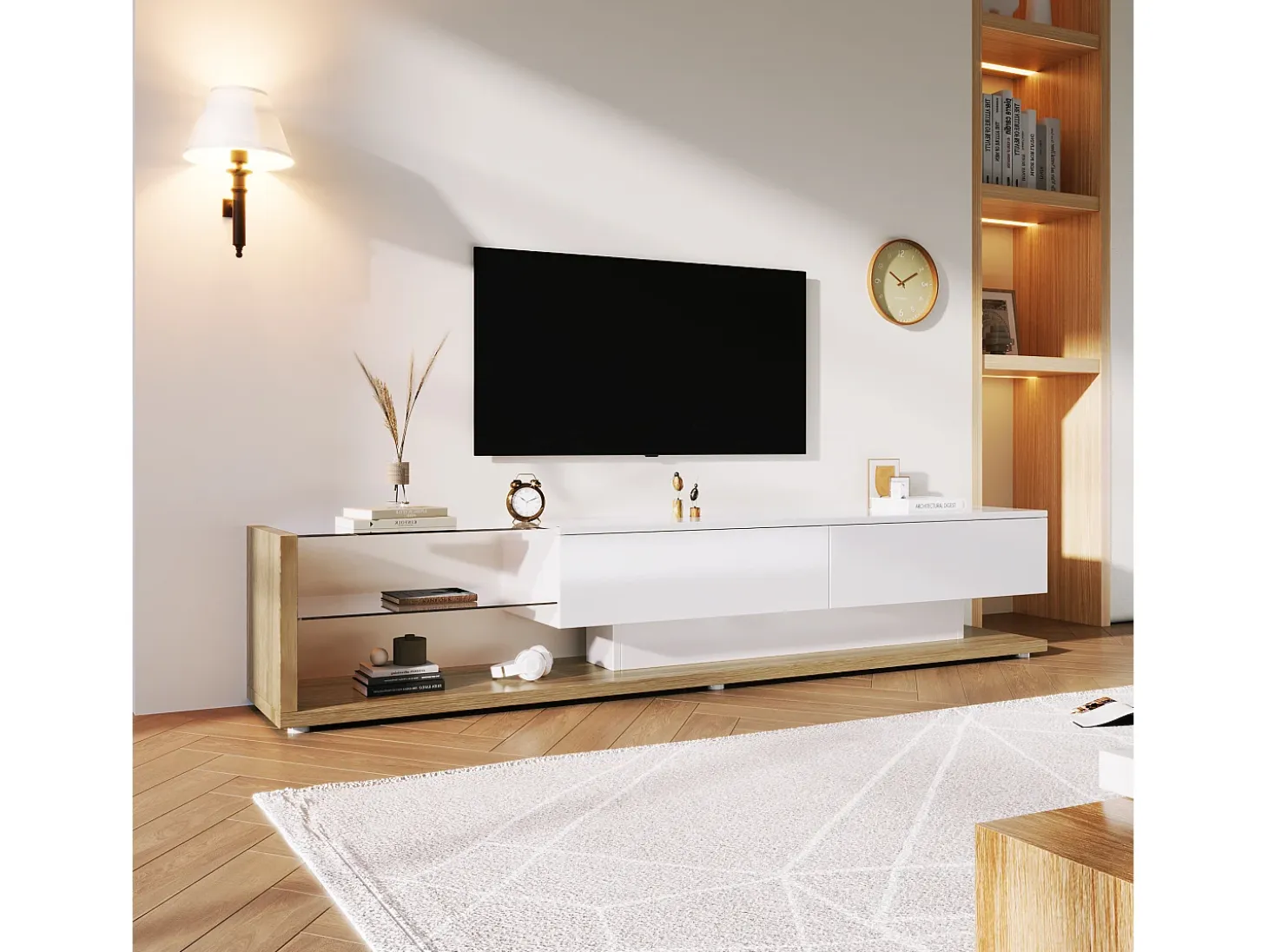 Muebles de TV con 2 cajones y estantes de vidrio - 170 x 36 x 38 cm - LED - Tablero de partículas - Blanco + natural