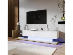 Muebles de TV con 2 cajones y estantes de vidrio - 170 x 36 x 38 cm - LED - Tablero de partículas - Blanco + natural