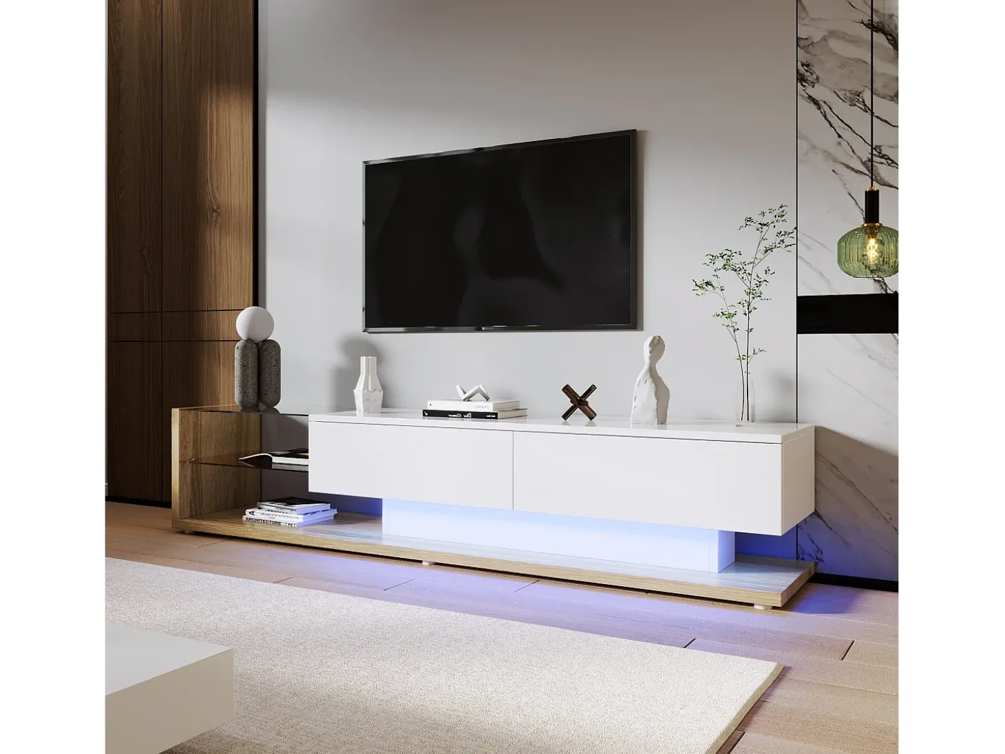 Muebles de TV con 2 cajones y estantes de vidrio - 170 x 36 x 38 cm - LED - Tablero de partículas - Blanco + natural