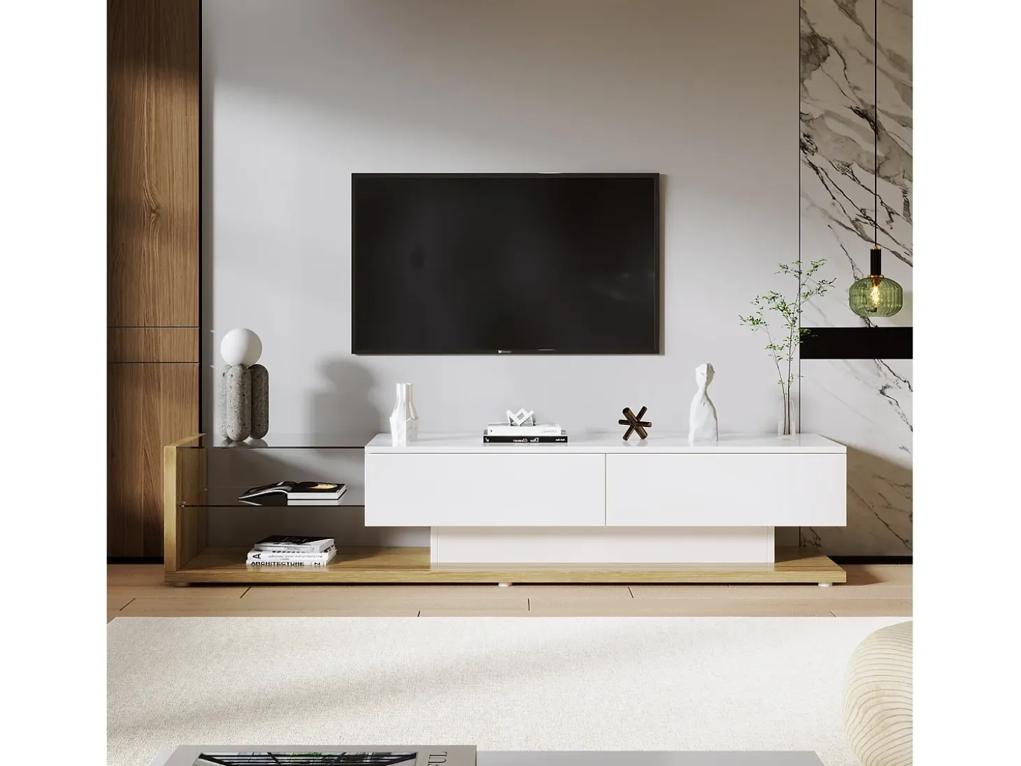 Muebles de TV con 2 cajones y estantes de vidrio - 170 x 36 x 38 cm - LED - Tablero de partículas - Blanco + natural