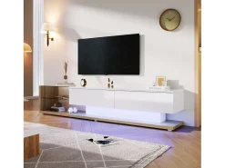 Muebles de TV con 2 cajones y estantes de vidrio - 170 x 36 x 38 cm - LED - Tablero de partículas - Blanco + natural