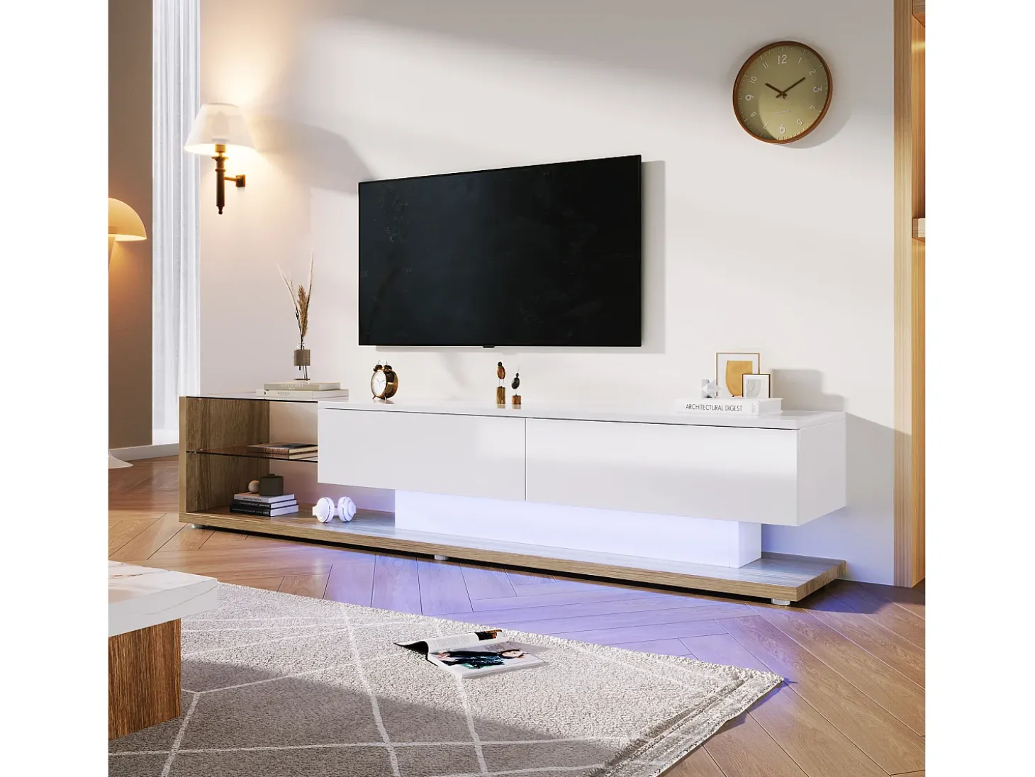 Muebles de TV con 2 cajones y estantes de vidrio - 170 x 36 x 38 cm - LED - Tablero de partículas - Blanco + natural