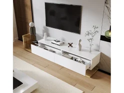 Muebles de TV con 2 cajones y estantes de vidrio - 170 x 36 x 38 cm - LED - Tablero de partículas - Blanco + natural