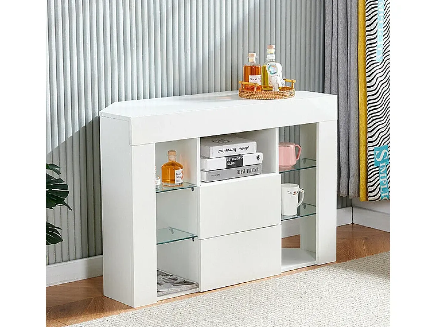 Muebles de TV de ángulo moderno con luz LED, banco moderno de TV blanco blanco, 9 compartimentos, muebles de sala de estar 100x40x68cm