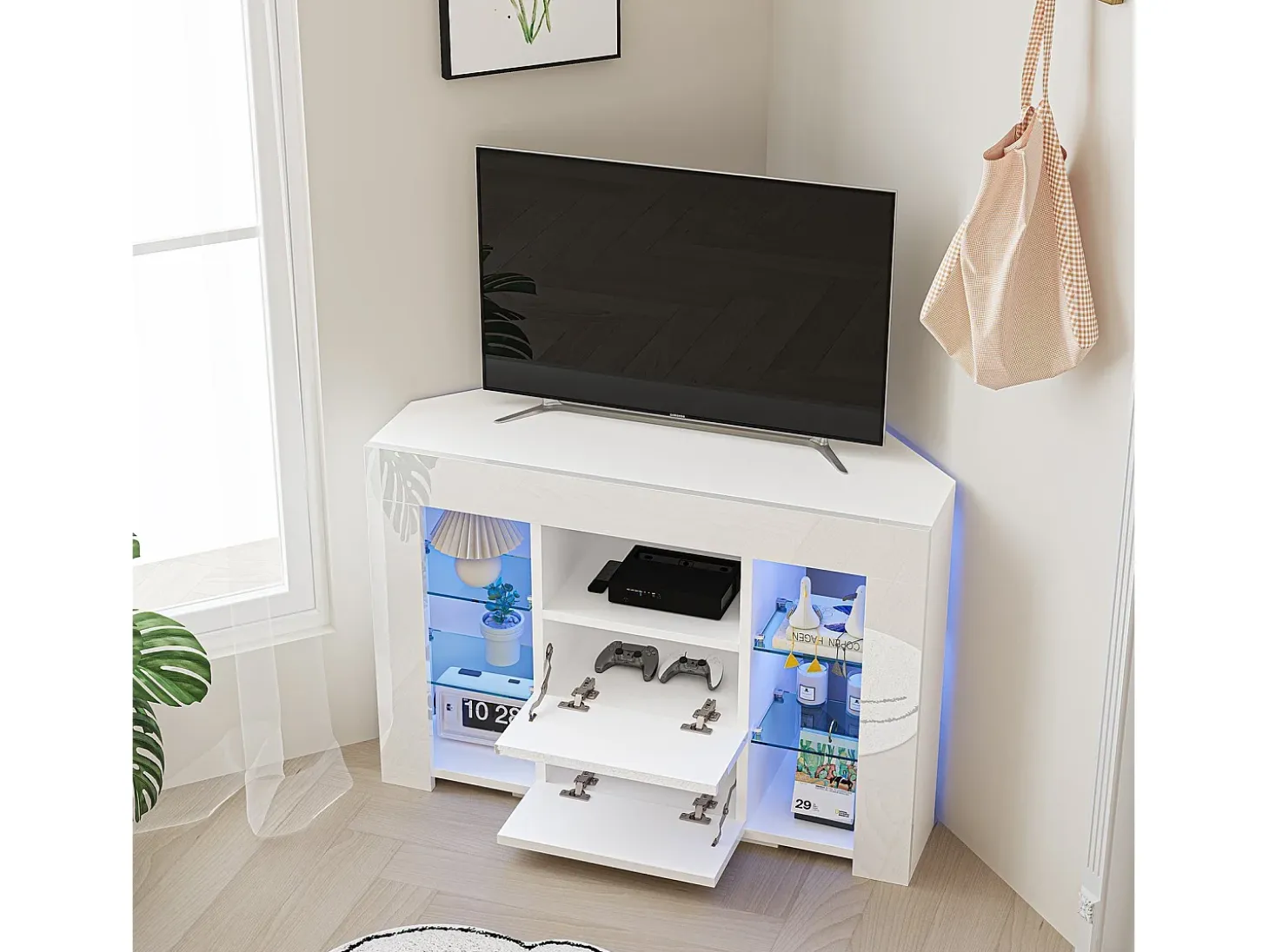 Muebles de TV de ángulo moderno con luz LED, banco moderno de TV blanco blanco, 9 compartimentos, muebles de sala de estar 100x40x68cm