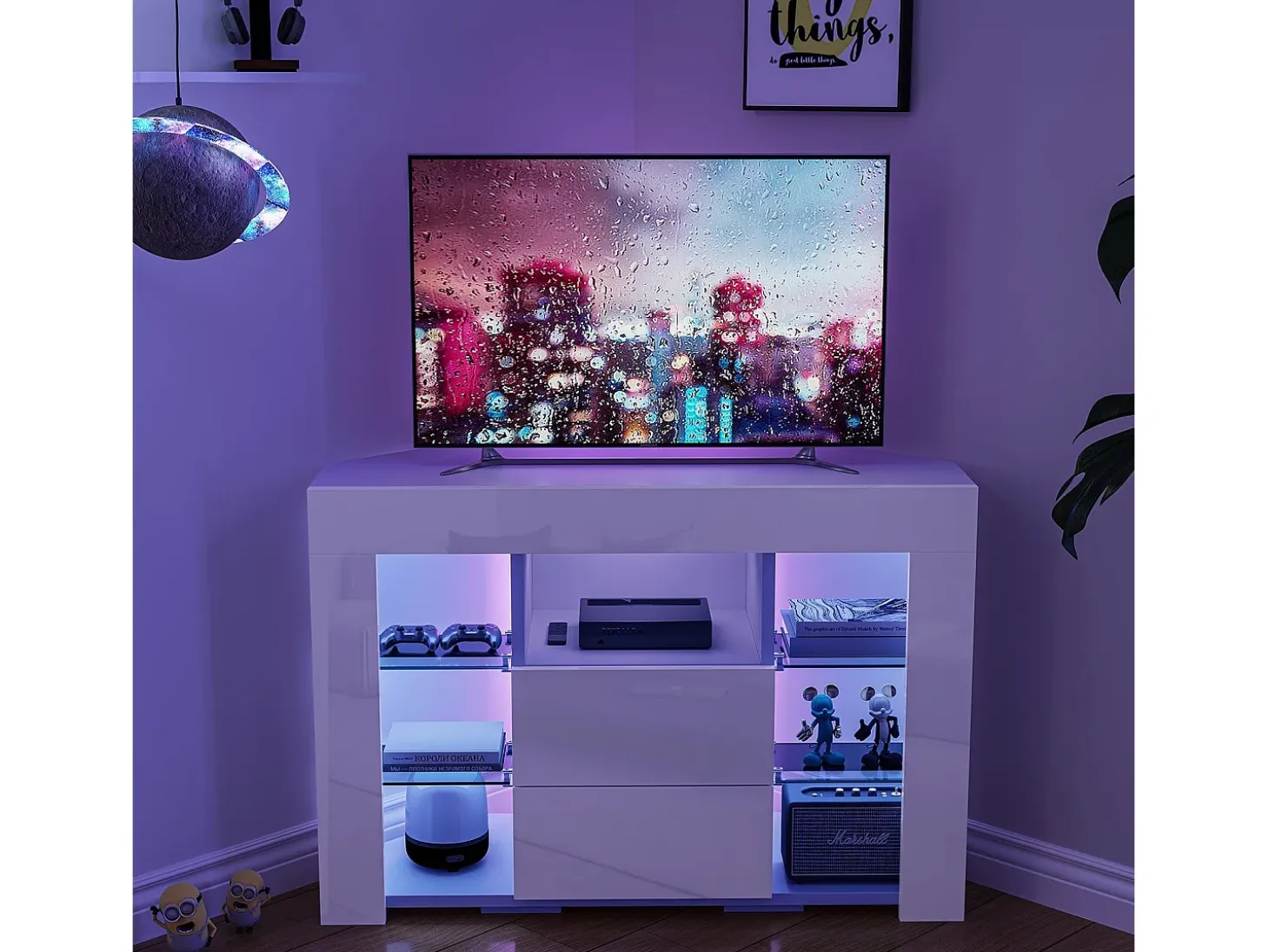 Muebles de TV de ángulo moderno con luz LED, banco moderno de TV blanco blanco, 9 compartimentos, muebles de sala de estar 100x40x68cm
