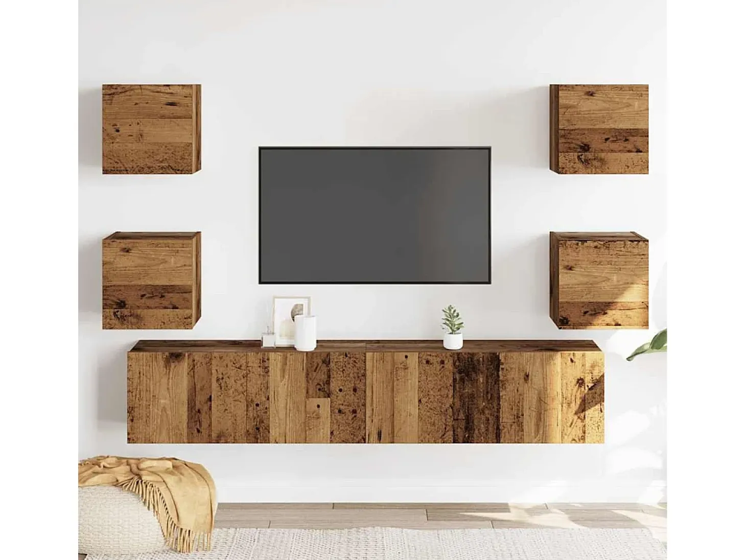 Muebles de TV de pared de 6 piezas, madera vieja, madera de ingeniería