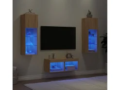 Muebles TV de pared con luces LED 4 piezas roble Sonoma ES91506