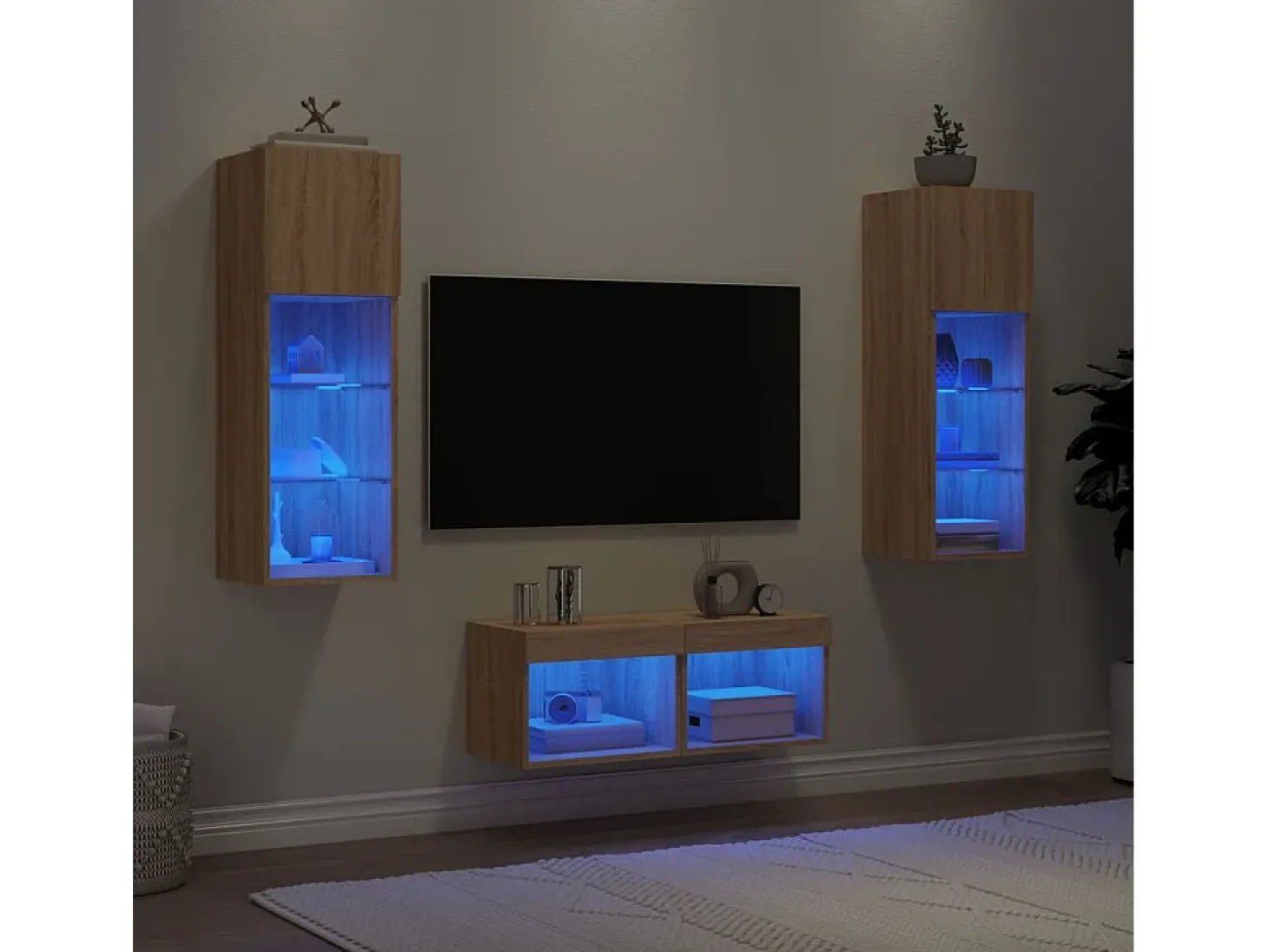 Muebles TV de pared con luces LED 4 piezas roble Sonoma ES91506