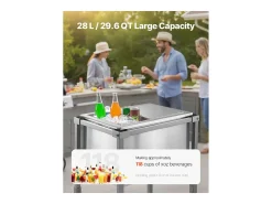 Nevera con Ruedas SucceBuy, 51 x 36 x 97 cm, Depósito de Hielo Integrado de Acero Inoxidable con Estante, 28 L, para Patio, Jardín, Bar y Restaurante