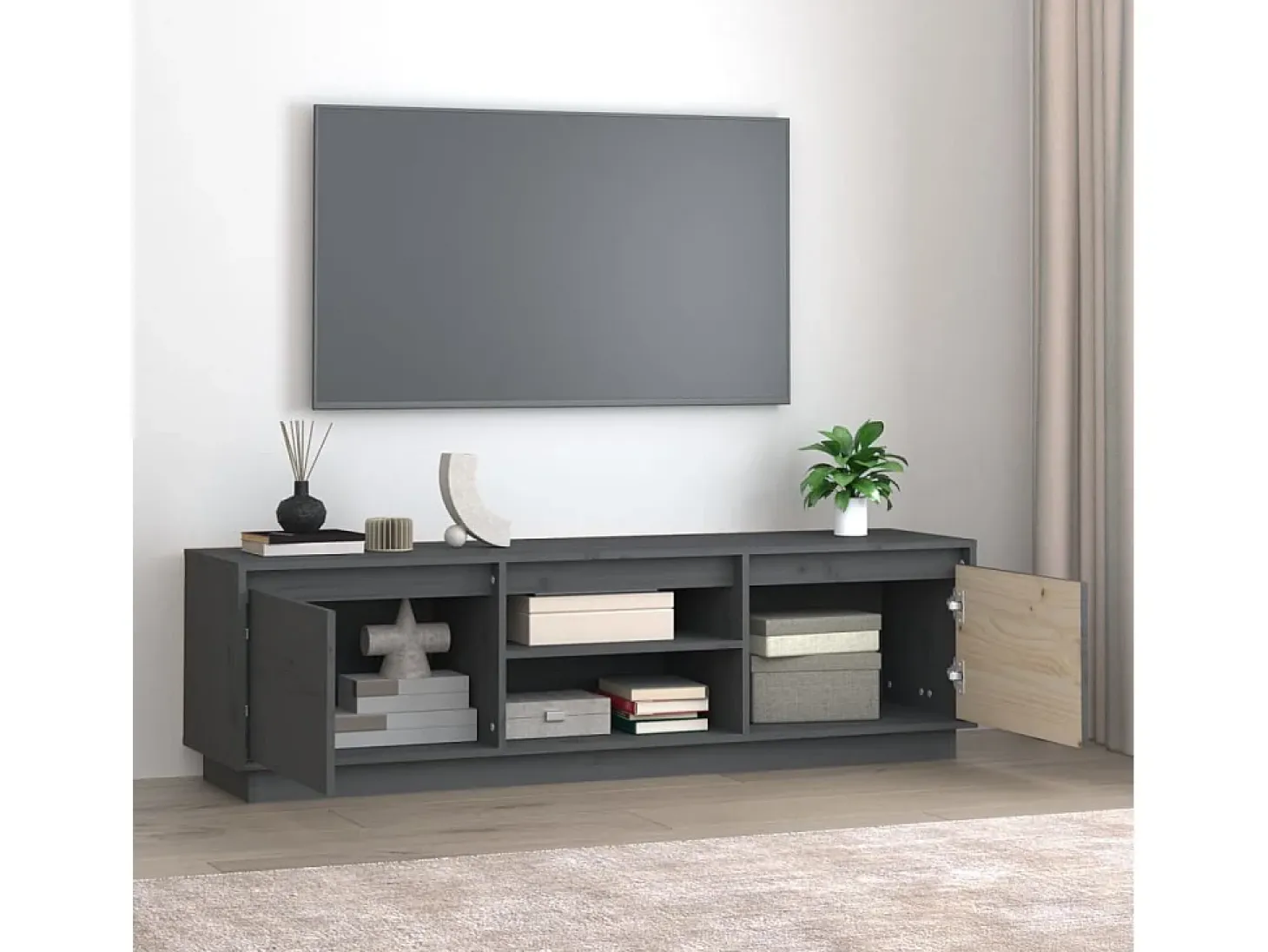 Njorir Mueble de TV de madera maciza de pino gris 140x35x40 cm