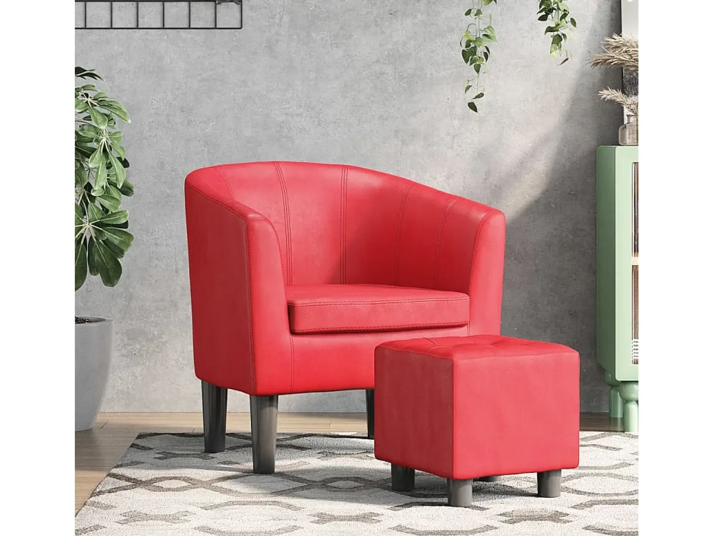 Nykøbing Mors Sillón con taburete cuero sintético rojo