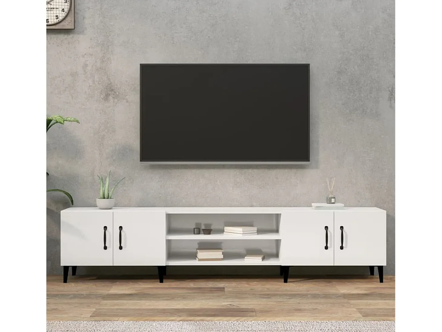 Odette Mueble de TV madera contrachapada blanco brillo 180x31,5x40 cm