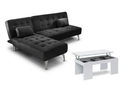 Oferta: Sofa Cama Chaise Longue XS Negro + Mesa de Centro Blanco y Cemento