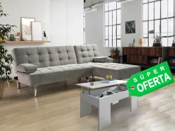 Oferta: Sofa Cama Chaise Longue XS Negro + Mesa de Centro Blanco y Cemento