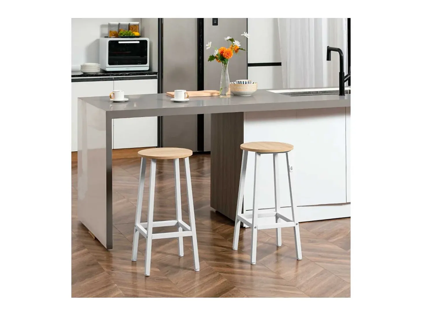 Pack de 2 taburetes altos de cocina Homcom blanco/natural 65x32,5x32,5 cm