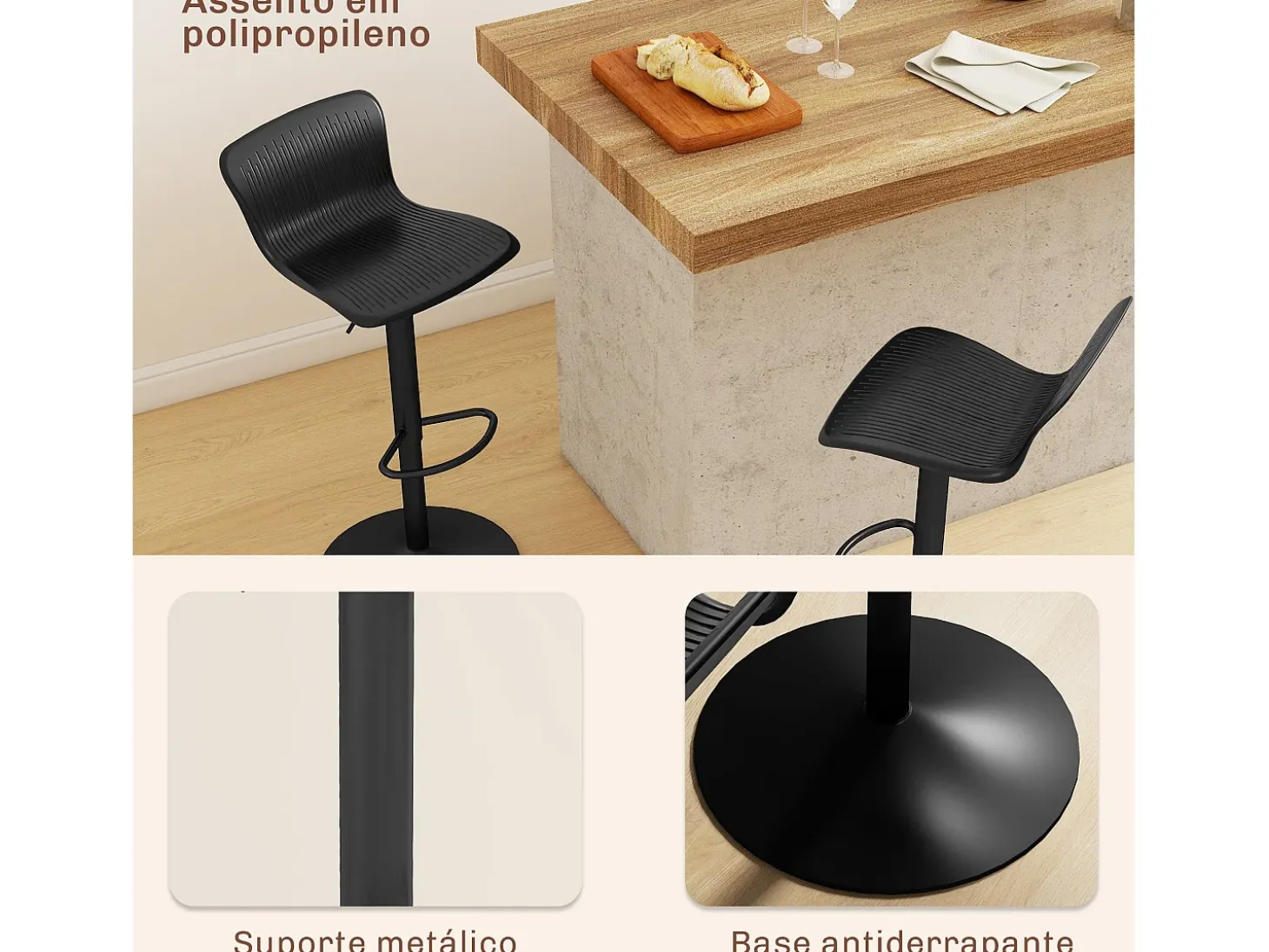 Pack de 2 taburetes Tutu Homcom altura ajustable giratorios negro 16,5-97,5x38,5x40 cm