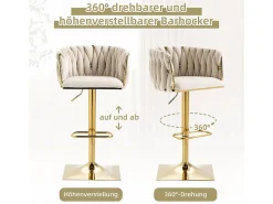 2Pcs Taburetes de bar en terciopelo - altura ajustable - giratorio 360° - con reposapiés - 53x51x87/105cm - Beige