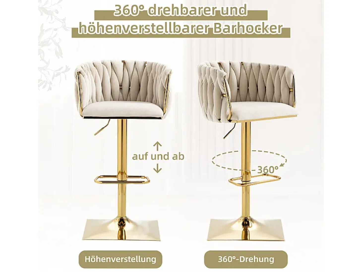 2Pcs Taburetes de bar en terciopelo - altura ajustable - giratorio 360° - con reposapiés - 53x51x87/105cm - Beige