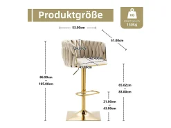 2Pcs Taburetes de bar en terciopelo - altura ajustable - giratorio 360° - con reposapiés - 53x51x87/105cm - Beige