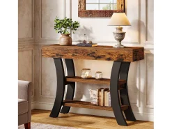 Pequeña mesa de consola de 105 cm para la entrada, mesa de salón rústica de 3 niveles