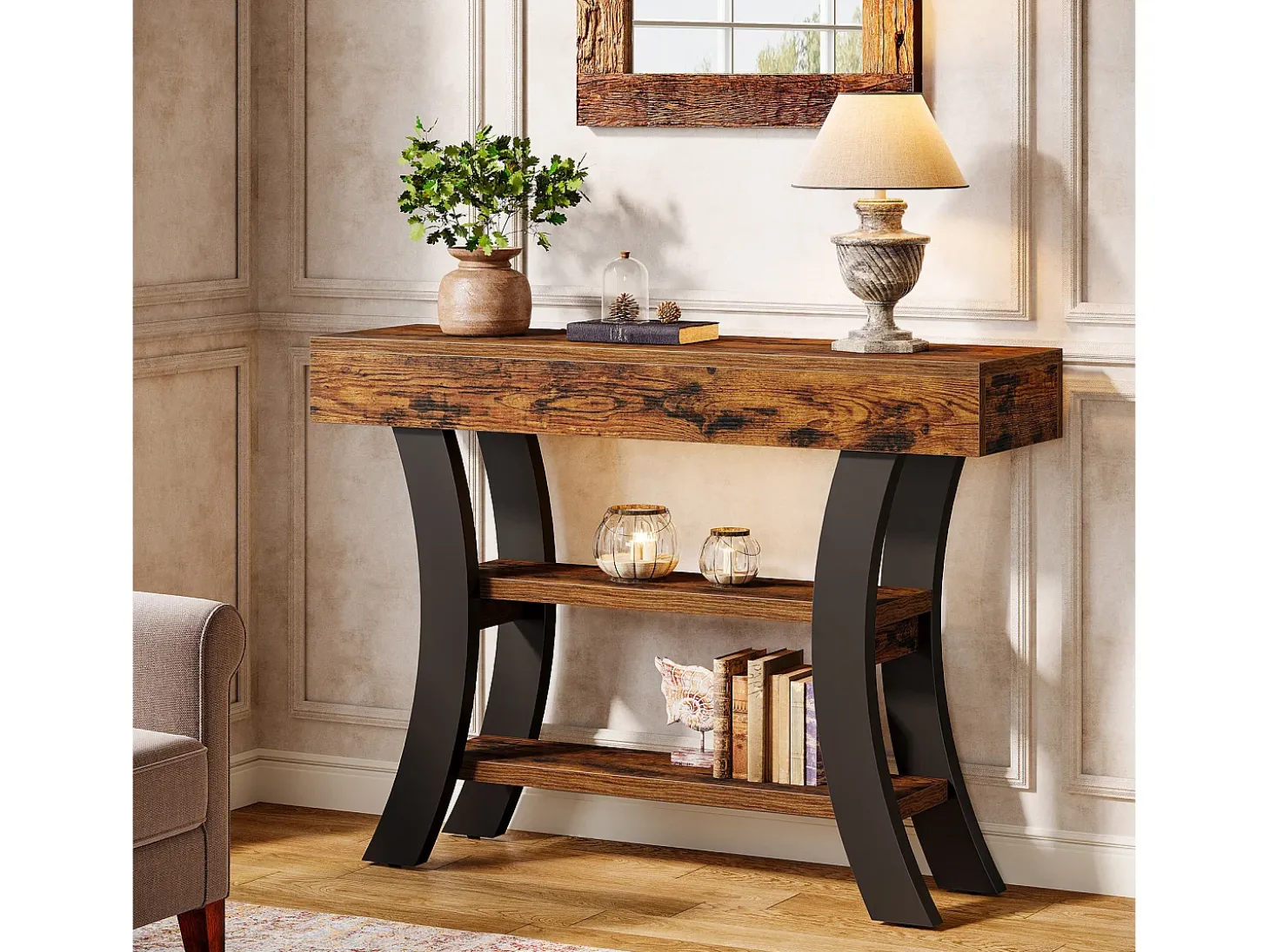 Pequeña mesa de consola de 105 cm para la entrada, mesa de salón rústica de 3 niveles