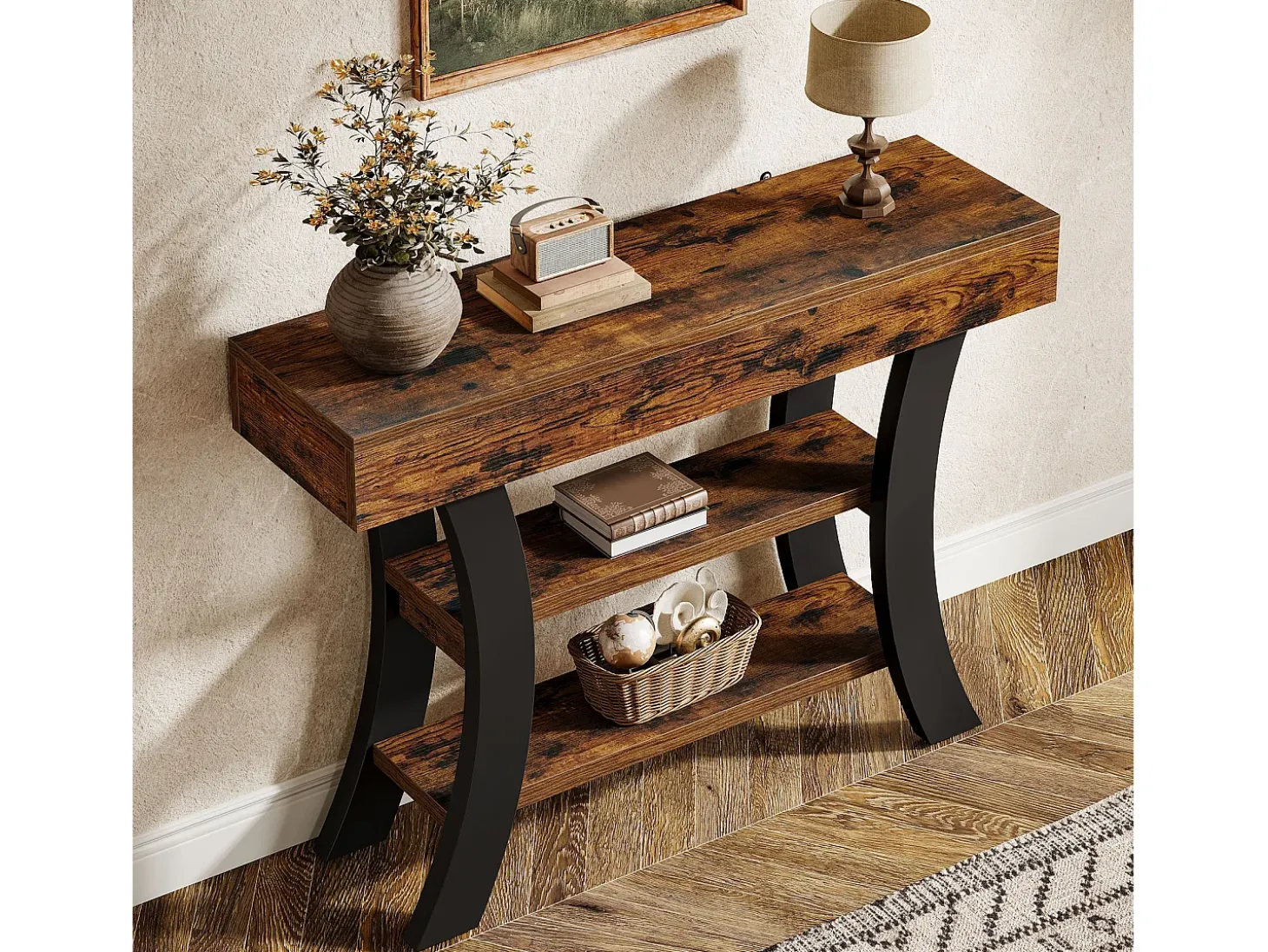 Pequeña mesa de consola de 105 cm para la entrada, mesa de salón rústica de 3 niveles