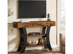 Pequeña mesa de consola de 105 cm para la entrada, mesa de salón rústica de 3 niveles