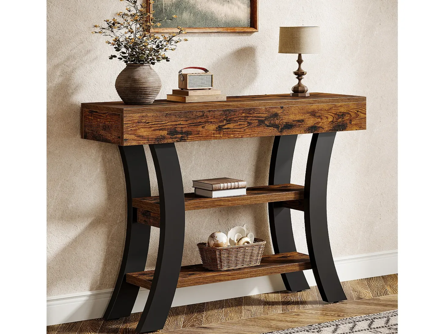 Pequeña mesa de consola de 105 cm para la entrada, mesa de salón rústica de 3 niveles