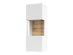 Pequeña vitrina suspendida 1 puerta parcialmente acristalada colección EVA. Color blanco mate y roble.