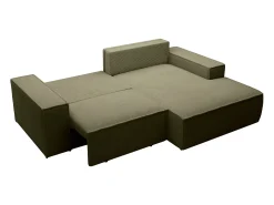 Pequeño sofá rinconera derecha de 3 plazas convertible de pana verde caqui AMELIA