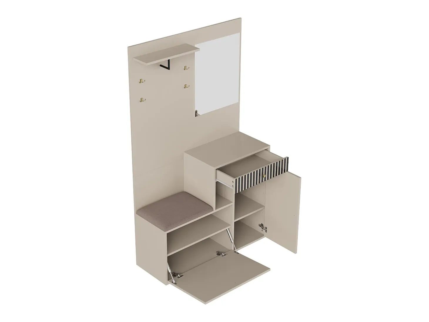 Perchero beige con espejo - Armario 1 cajón y 2 puertas - con cojines y ganchos